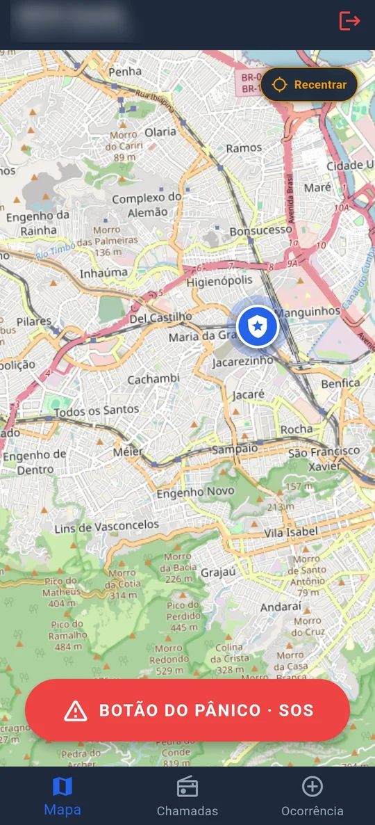 App da equipe no celular: mapa com a posição da viatura e o botão de pânico