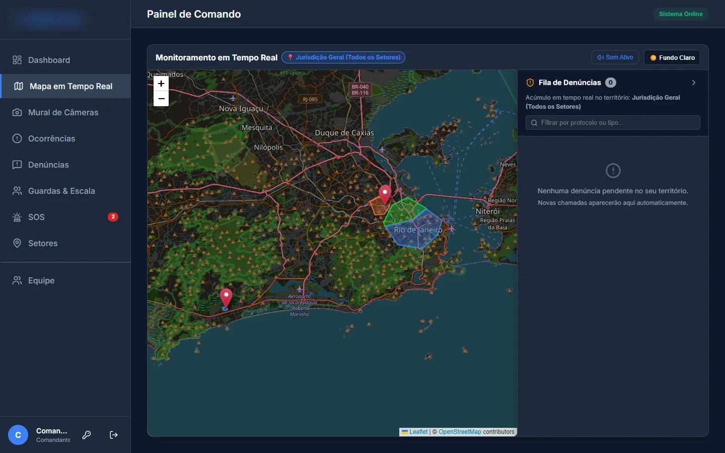 Painel de comando com o mapa em tempo real e os setores de atuação desenhados